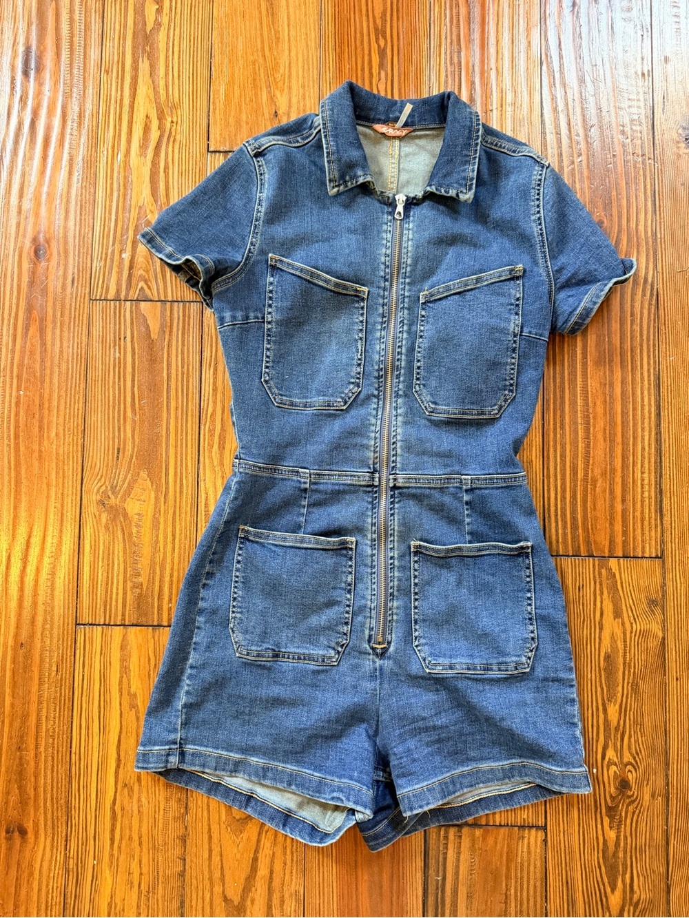 Free People Denim Zip-Front Romper in Blue